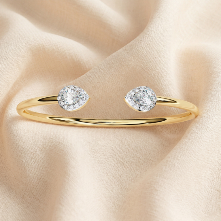 Ethereal Symmetry – Gold Open Cuff Bangle with Pear-Cut Lab-Grown Diamond Halos