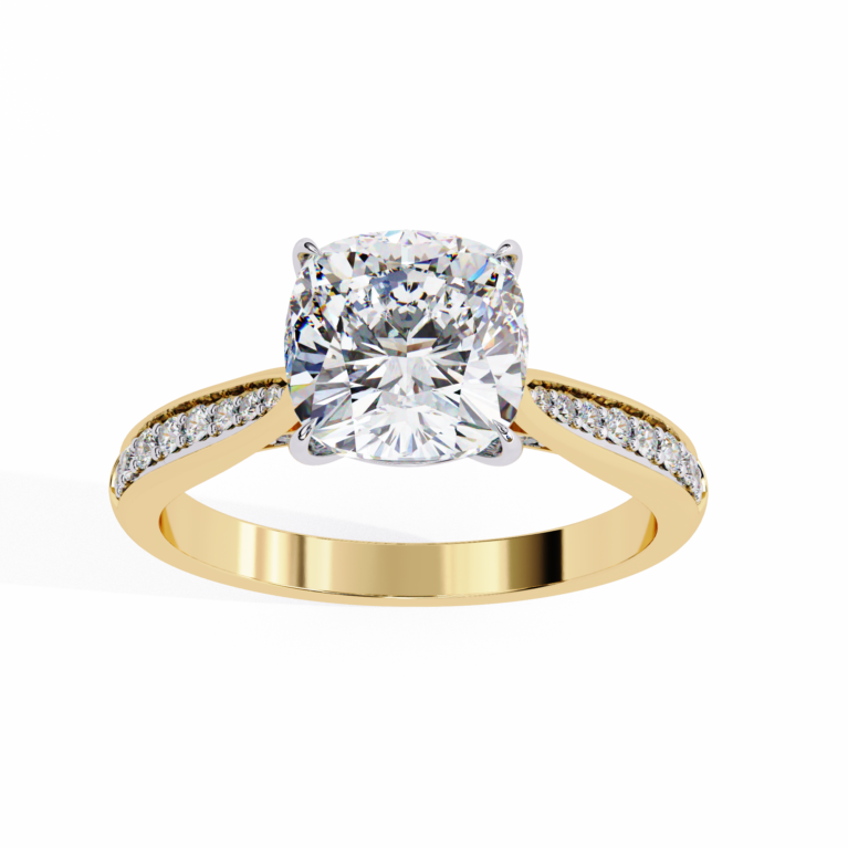 Radiant Harmony – Yellow Gold Ring with Cushion Lab-Grown Diamond and Pavé Accents