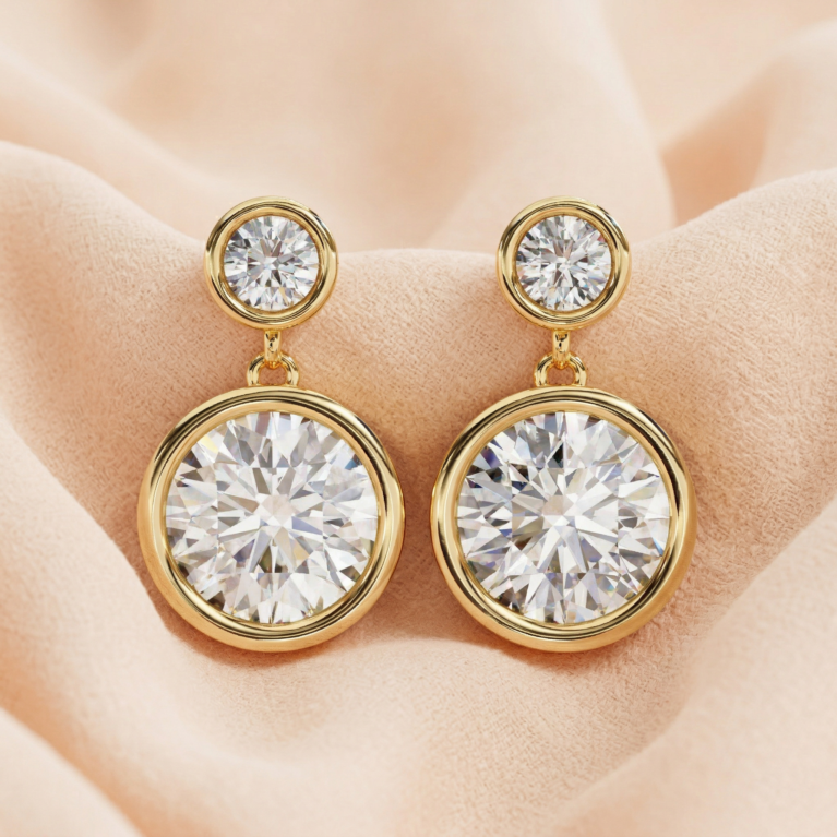 Luminous Orbit – Yellow Gold Drop Earrings with Double Bezel Solitaires