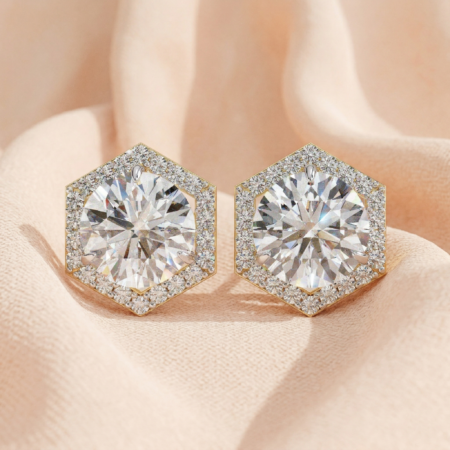 Prismatic Hexagon – Yellow Gold Studs with Geometric Diamond Halo