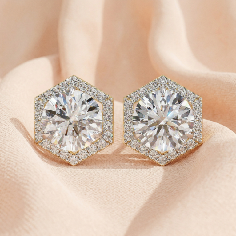 Prismatic Hexagon – Yellow Gold Studs with Geometric Diamond Halo