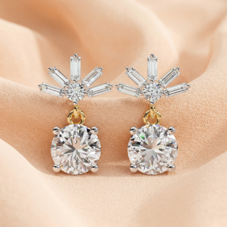 Starlight Fan – Yellow Gold Drop Earrings with Baguette Sunburst & Solitaire