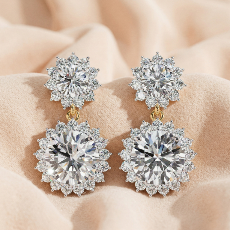 The Royal Cascade – Yellow Gold Drop Earrings with Double Diamond Halo