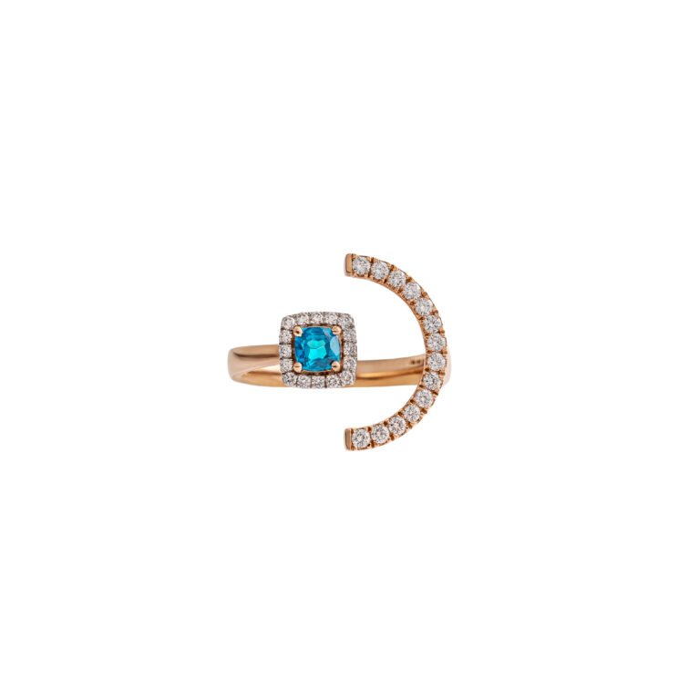 Azure Eclipse – Rose Gold Bypass Ring with Blue Topaz and Diamond Arc
